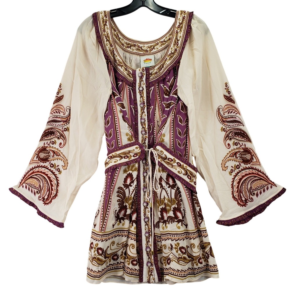 Farm Rio Mini Dress Womens S Purple Floral Bell Sleeve Belted Boho Tuckernuck
